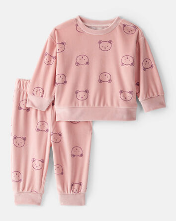 Baby Girl 2-Piece Bear Print Velour Sweatshirt & Jogger Set - Pink, 