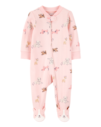 Baby Girl Dog Print 2-Way Zip Cotton Sleep & Play Pajamas - Pink, 