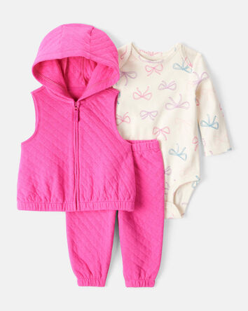 Baby Girl 3-Piece Bow Print Bodysuit, Jacket & Pant Set - Pink, 