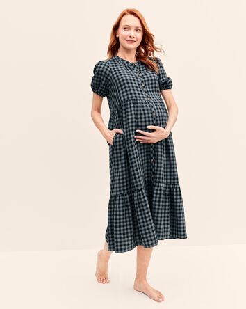 Adult Women's Maternity Plaid Button-Front Relaxed Fit Dress, 