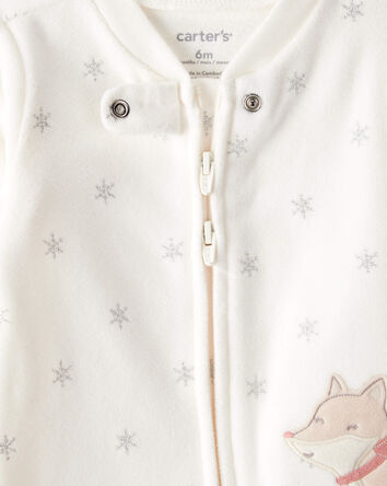 Baby Girl Fox Sparkle Print Loose Fit Long-Sleeve Sleep & Play Pajamas - White, 