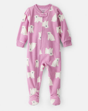 Baby Girl Polar Bear Fleece Long-Sleeve 2-Way Zip 1-Piece Pajamas - Purple, 