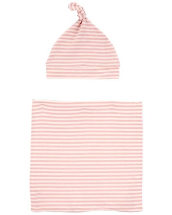 Baby 2-Piece Striped Swaddle Cap and Blanket Set - Pink, 