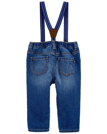 Baby Knit-Denim Suspender Pants, 