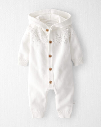 Baby Organic Cotton Sweater Knit Pointelle Jumpsuit in Light Cream, 