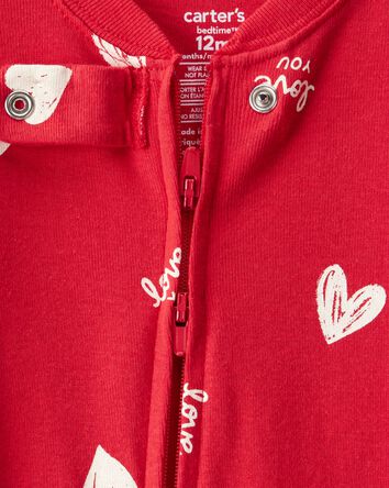 Baby Valentine's Day Heart 100% Cotton Loose Fit 2-Way Zip Footie 1-Piece Pajamas - Red, 