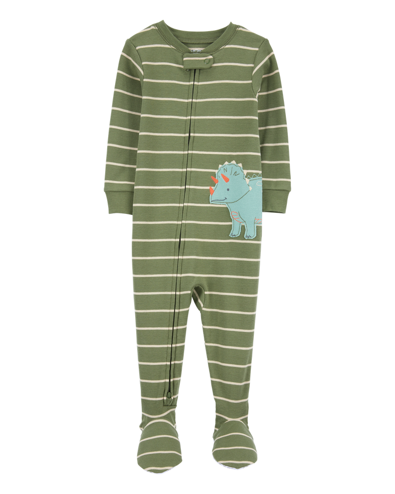 Baby Boy Dinosaur Striped Snug Fit Cotton Footie 1-Piece Pajamas - Green, image 1 of 4 slides