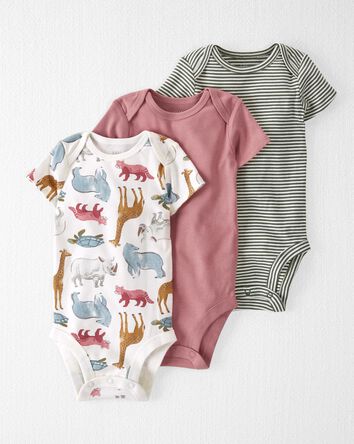 Baby Organic Cotton Rib 3-Pack Animal & Striped Bodysuits, 