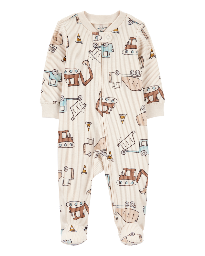 Baby Boy Construction 2-Way Zip Ribbed Sleep & Play Pajamas, image 1 of 3 slides