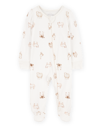 Baby Farm Animals Print 2-Way Zip PurelySoft Sleep & Play Pajamas - Ivory, 
