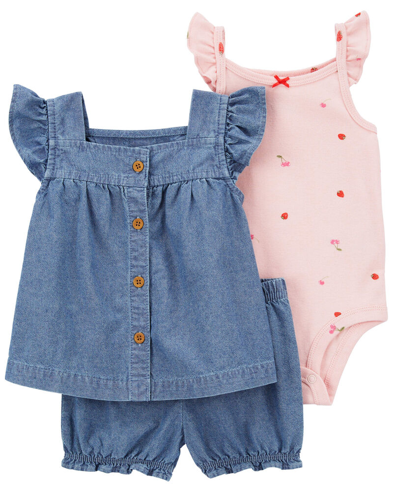 Baby 3-Piece Cherry Chambray Little Short Set, image 1 of 4 slides
