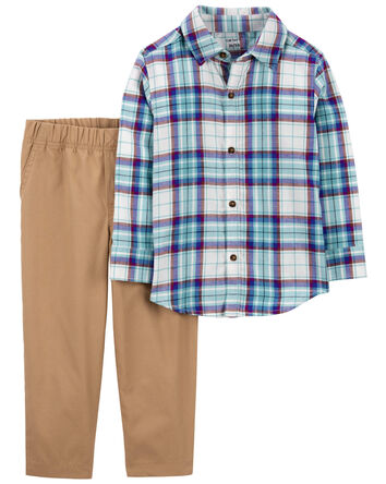 Toddler 2-Piece Plaid Button-Front Shirt & Canvas Pant Set, 