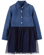 Toddler Mixed Fabric Chambray and Tulle Dress, image 1 of 4 slides