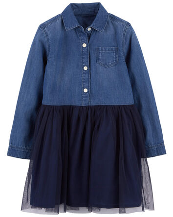 Toddler Mixed Fabric Chambray and Tulle Dress, 