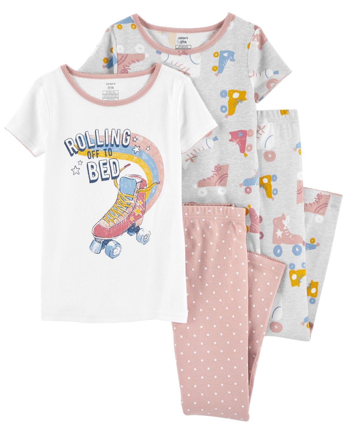 White/Pink Kid 4Piece Roller Skate 100 Snug Fit Cotton Pajamas