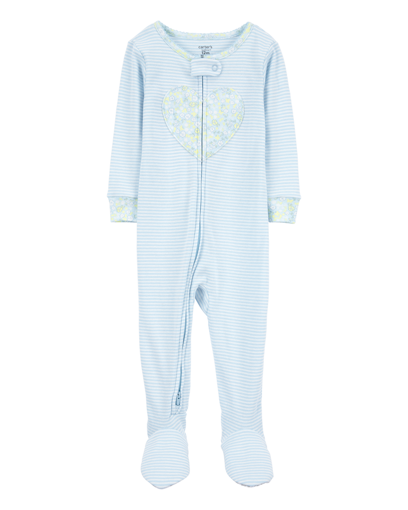 Toddler Heart Striped Snug Fit Cotton Footie 1-Piece Pajamas - Blue, image 1 of 4 slides