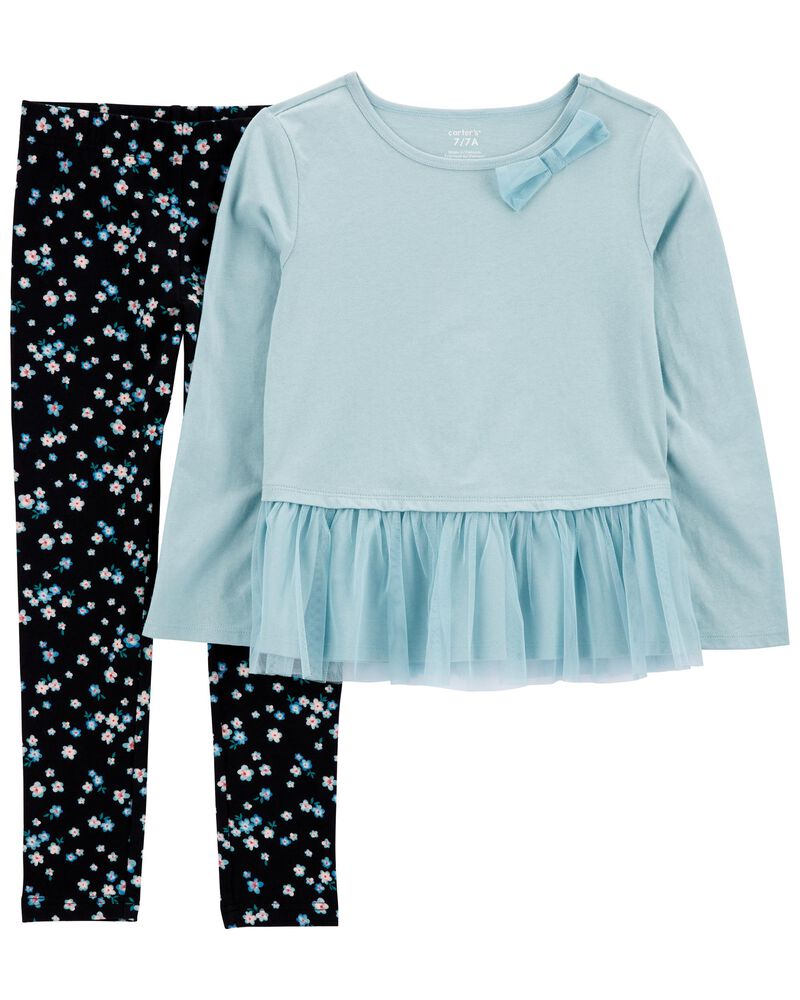 Kid 2-Piece Tulle Peplum Top & Floral Legging Set, image 1 of 3 slides