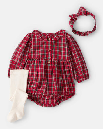 Baby Girl 3-Piece Plaid Print Long-Sleeve Bodysuit, Headwrap & Tights Set - Red, 