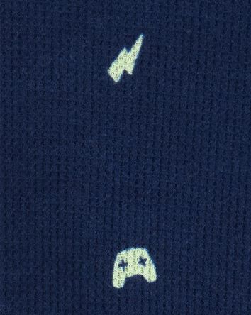 Kid Gamer Print Loose Fit Waffle Knit 2-Piece Pajamas - Navy, 