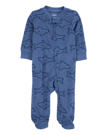 Baby Shark Print 2-Way Zip Terry Sleep & Play Pajamas - Navy, 