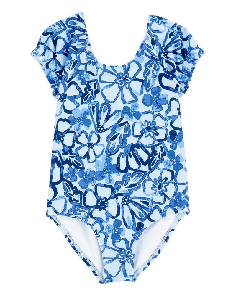 Toddler Girl 1-Piece Floral Swimsuit - Blue, image 1 of 4 slides