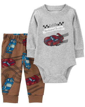 Baby 2-Piece Grey Race Car Print Pant Set , 