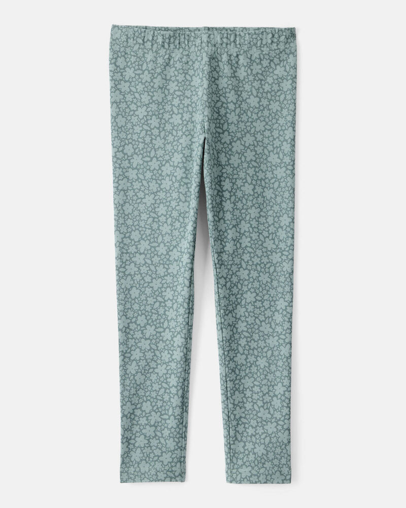 Girls Floral Cotton Pull-On Stretch Leggings - Green, image 1 of 4 slides