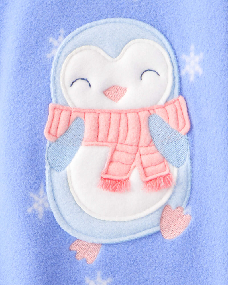 Baby Girl Penguin Print Fleece Long-Sleeve Loose Fit 1-Piece Pajamas - Blue, image 4 of 5 slides
