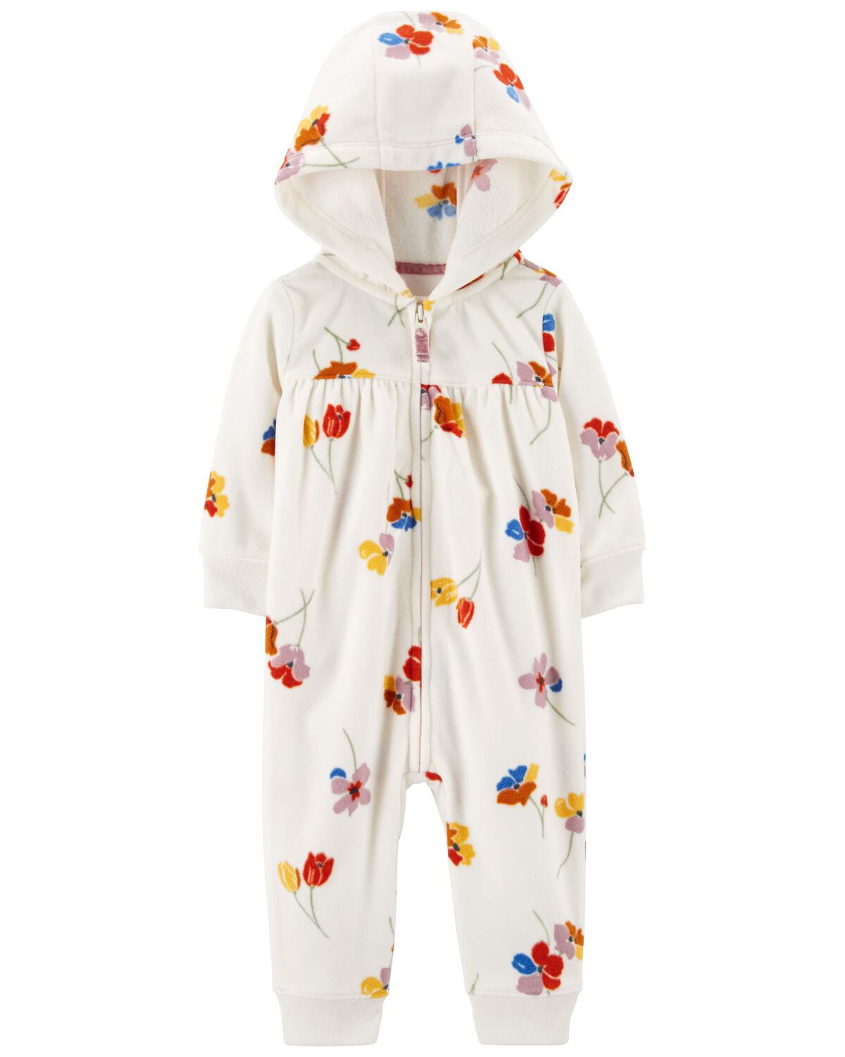 White Baby Floral Hooded ZipUp Fleece Jumpsuit