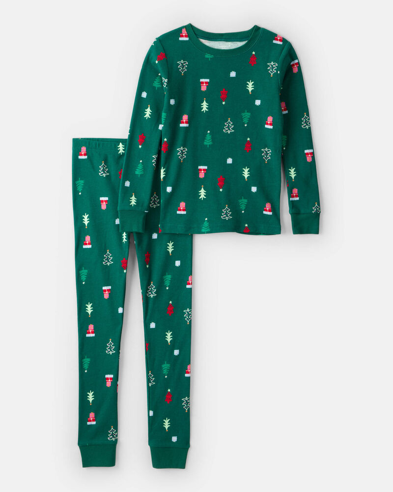 Kid Christmas Tree Print 100% Cotton Long-Sleeve Snug Fit 2-Piece Pajamas - Green, image 1 of 3 slides