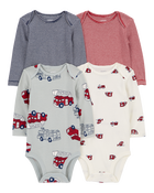 Baby 4-Pack Long-Sleeve Firetruck Bodysuits, image 1 of 7 slides