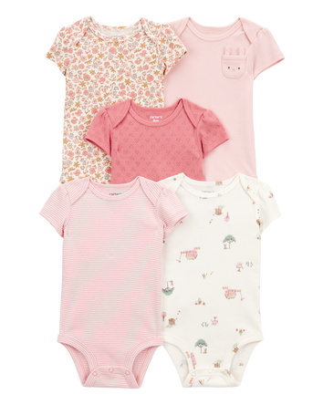 Baby 5-Pack Floral Bunny Short-Sleeve Cotton Bodysuits, 