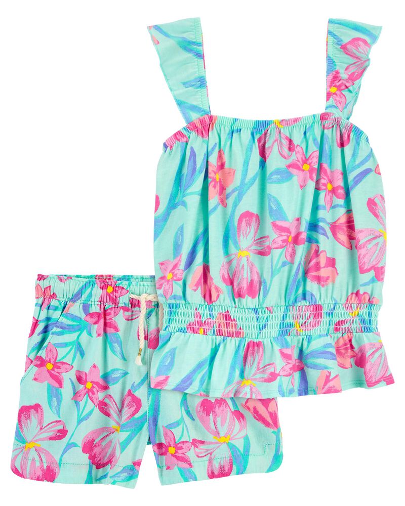 Kid 2-Piece Floral Print Ruffle Tank & Linen Shorts Set
, image 1 of 4 slides