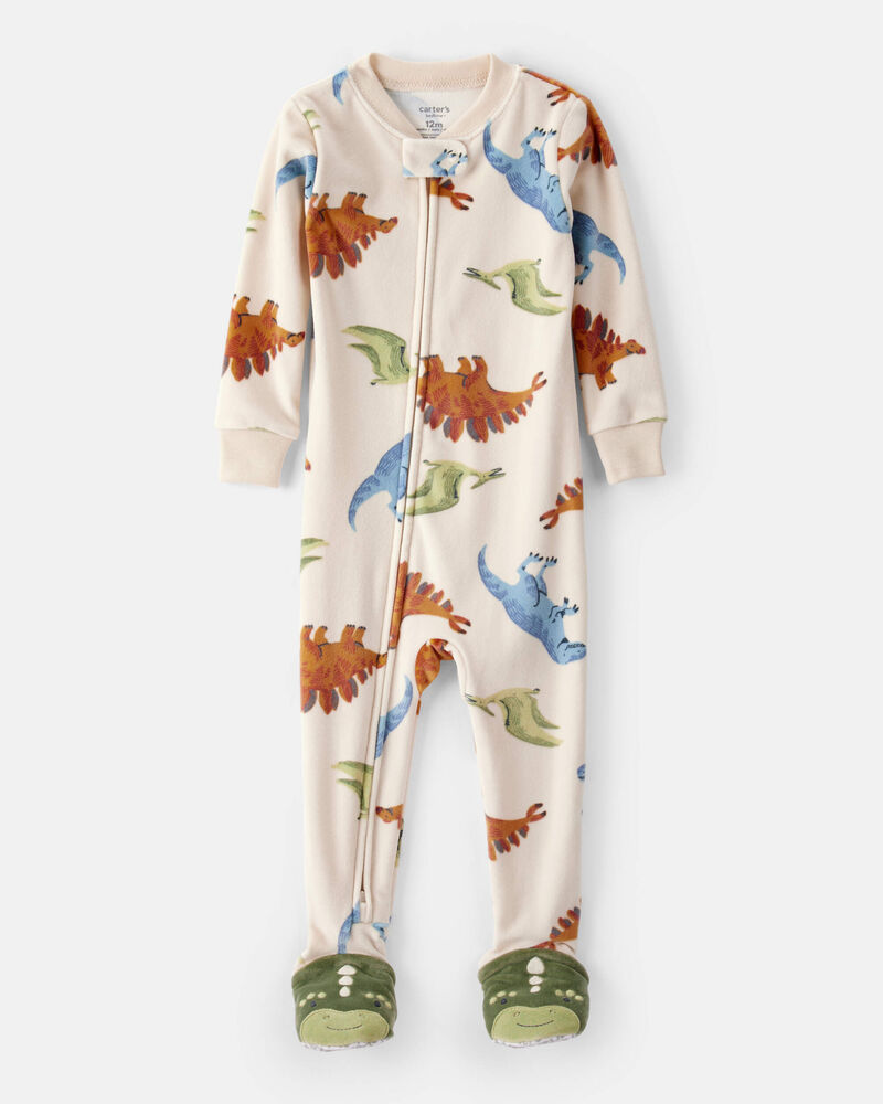 Baby Boy Dinosaur Print Loose Fit Long-Sleeve 2-Way Zip 1-Piece Pajamas - Tan, image 1 of 5 slides