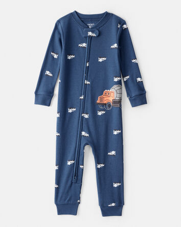 Toddler Boy Construction 100% Cotton 2-Way Zip 1-Piece Pajamas, 
