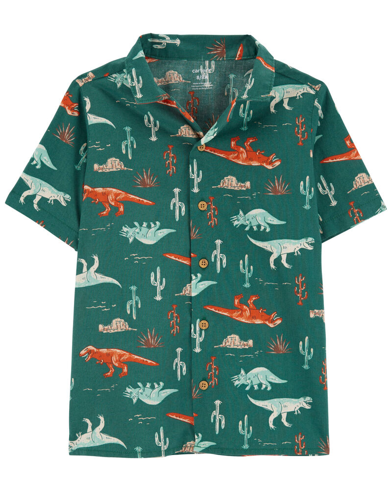 Kid Button-Front Dinosaur-Print Shirt, image 1 of 3 slides