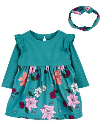 Baby 2-Piece Floral Bodysuit Dress Set, 