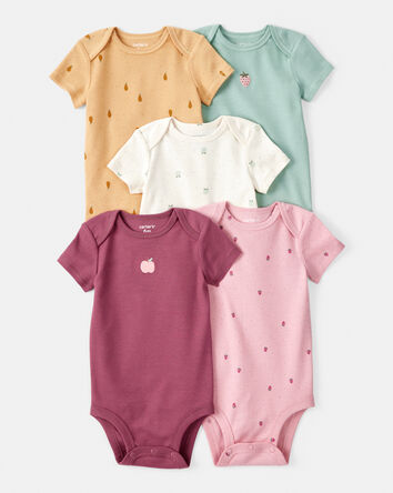 Baby Girl 5-Pack Fruit Print Cotton Multipack Bodysuits - Yellow/Green/Pink/Red/White, 