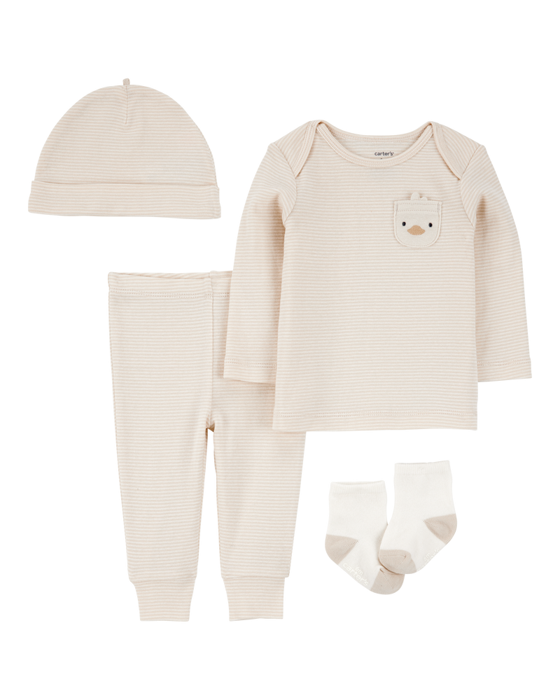 Baby 4-Piece Striped Duck Outfit Set - Brown, image 1 of 4 slides