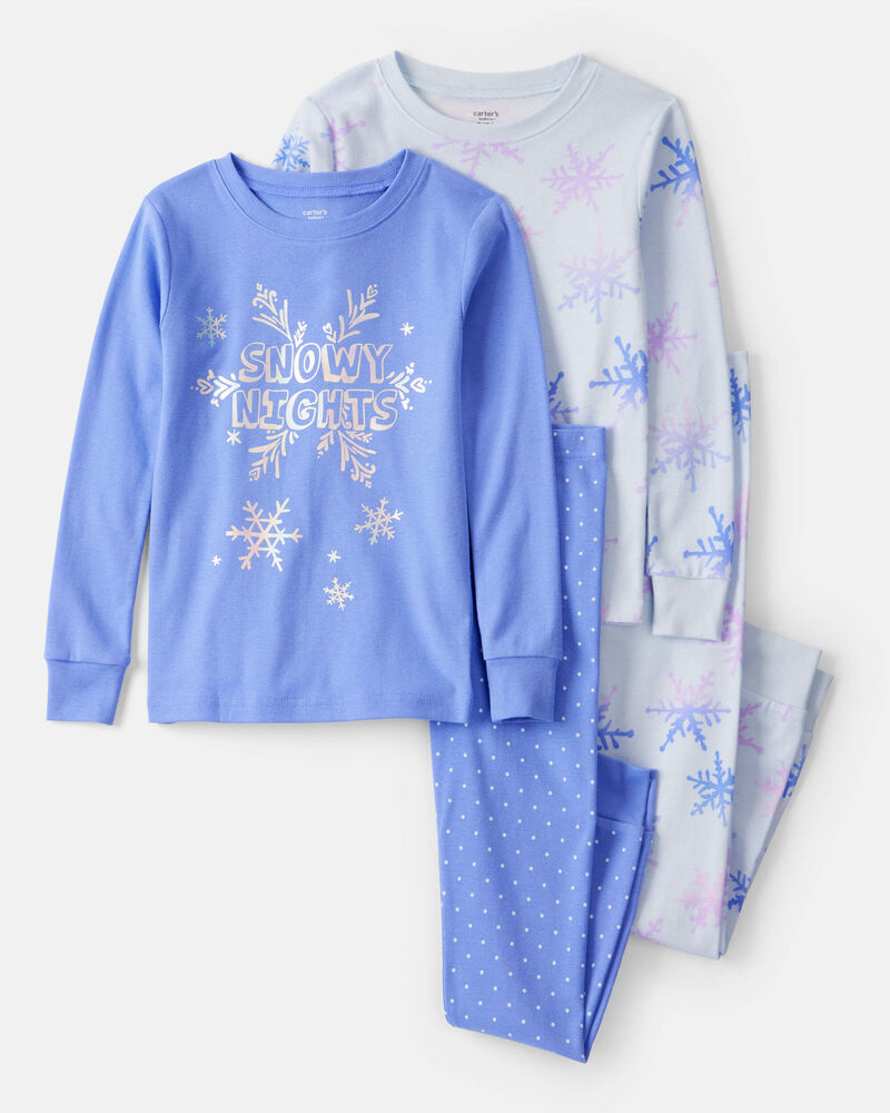Girls Snowflake Print 100% Cotton Long-Sleeve Snug Fit 4-Piece Pajamas - Blue, image 1 of 5 slides