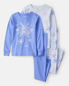 Girls Snowflake Print 100% Cotton Long-Sleeve Snug Fit 4-Piece Pajamas - Blue, image 1 of 5 slides