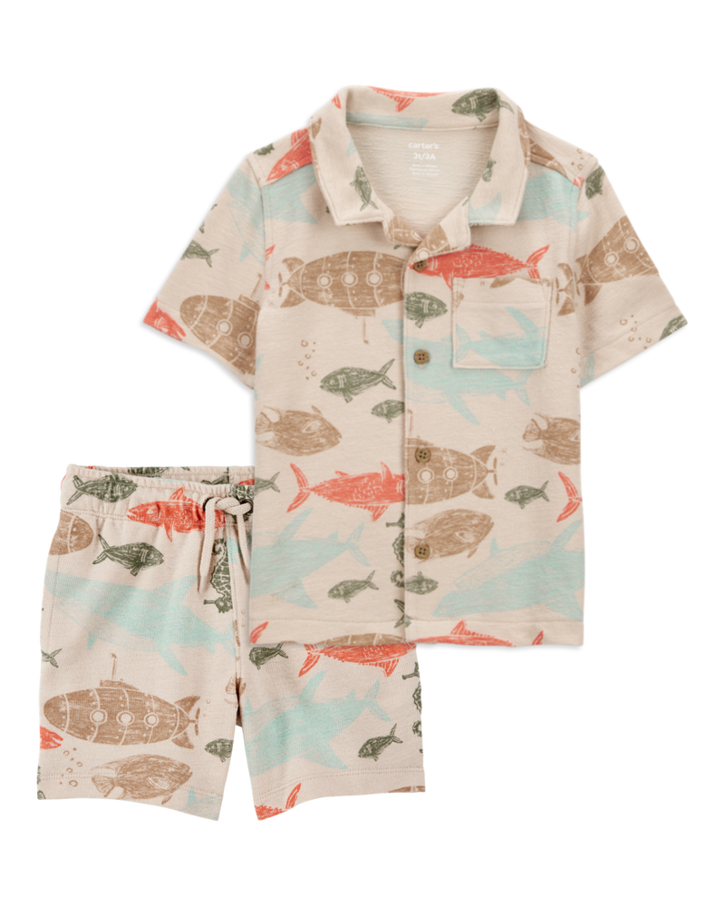 Toddler 2-Piece Sea Print Button-Down Shirt & Pull-On Shorts Set, image 1 of 6 slides