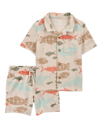 Toddler 2-Piece Sea Print Button-Down Shirt & Pull-On Shorts Set, 