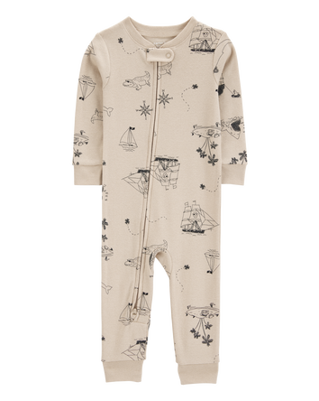 Baby Boy Pirate Print Snug Fit Cotton Footless 1-Piece Pajamas - Khaki, 