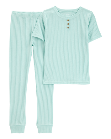 Kid Solid Ribbed Cotton Blend 2-Piece Pajamas - Teal, 