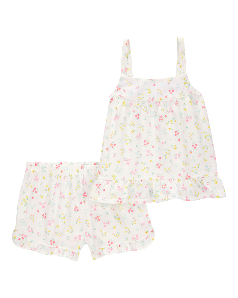 Girls Floral Loose Fit 2-Piece Pajamas - White, image 1 of 3 slides