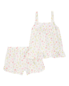 Girls Floral Loose Fit 2-Piece Pajamas - White, image 1 of 3 slides