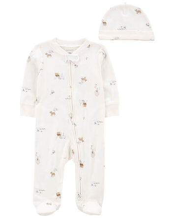 Baby 2-Piece Floral 2-Way Zip Cotton Sleep & Play & Cap Set, 