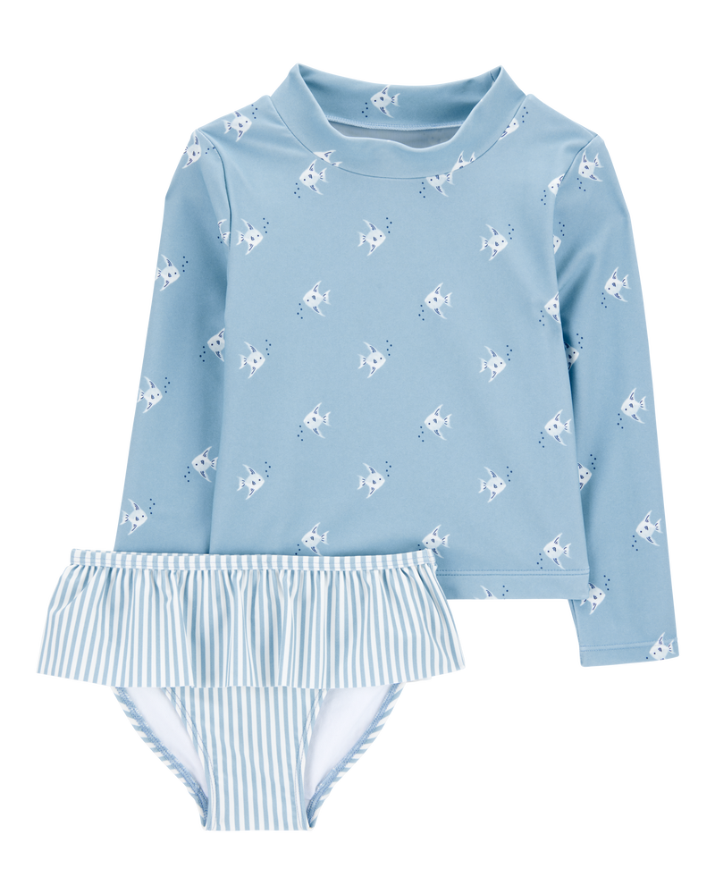 Baby 2-Piece Shell Striped Long-Sleeve Rashguard Swim Set - Blue, image 1 of 3 slides
