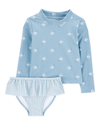 Baby 2-Piece Shell Striped Long-Sleeve Rashguard Swim Set - Blue, image 1 of 3 slides